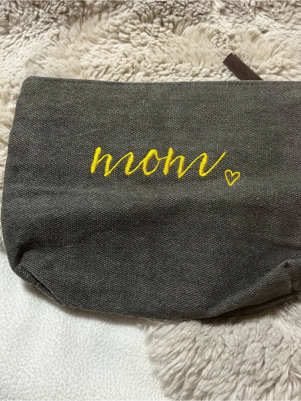 Embroidered 'mom' Grey Canvas Pouch with Yellow Script 02-05R